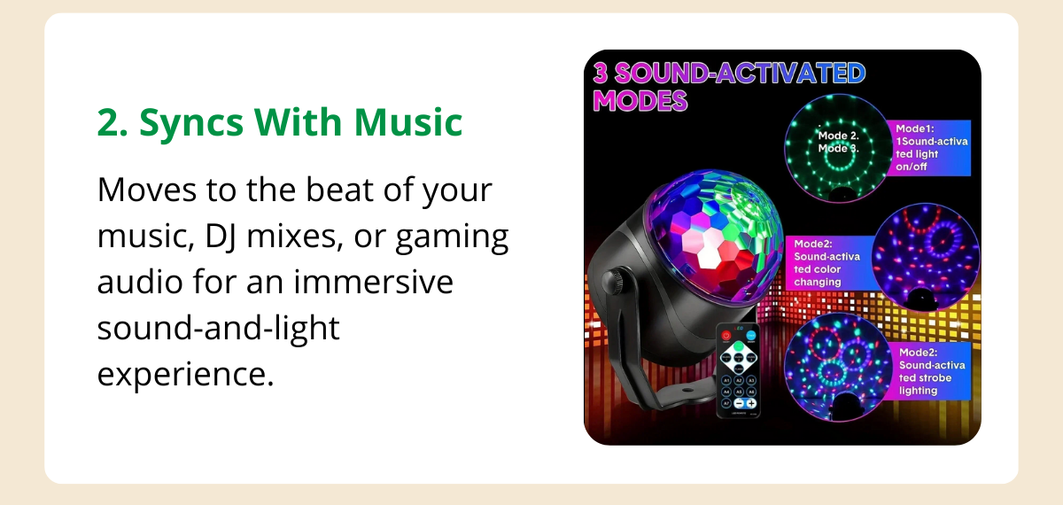 Syncs With Music - Moves to the beat of your music, DJ mixes, or gaming audio for an immersive sound-and-light experience.